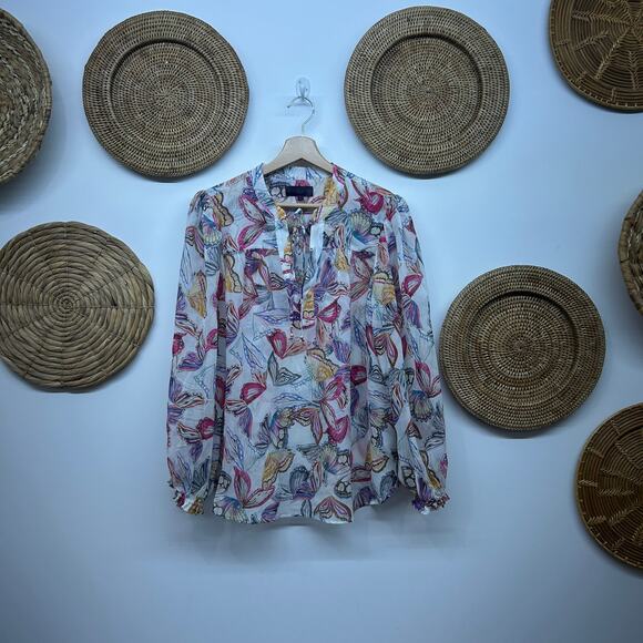 Hale Bob Butterfly Print Blouse Top Large Long Sleeve Tie Neck Boho Colorful - Picture 2 of 8